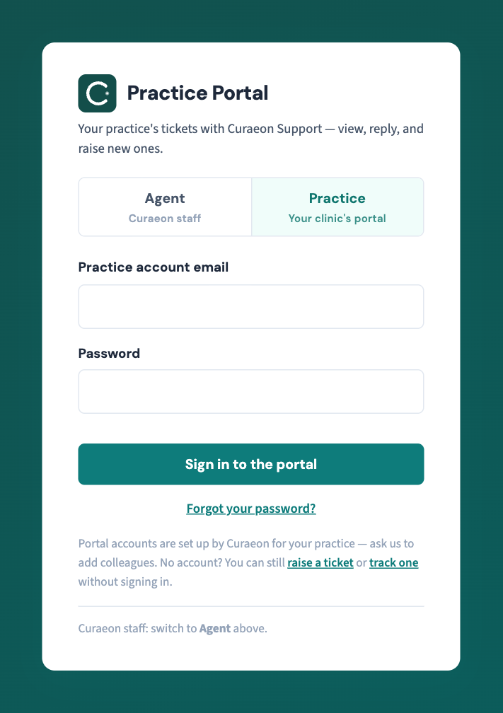 The sign-in page with the Practice tab selected — the same page Curaeon staff use, so pick the tab that matches you.