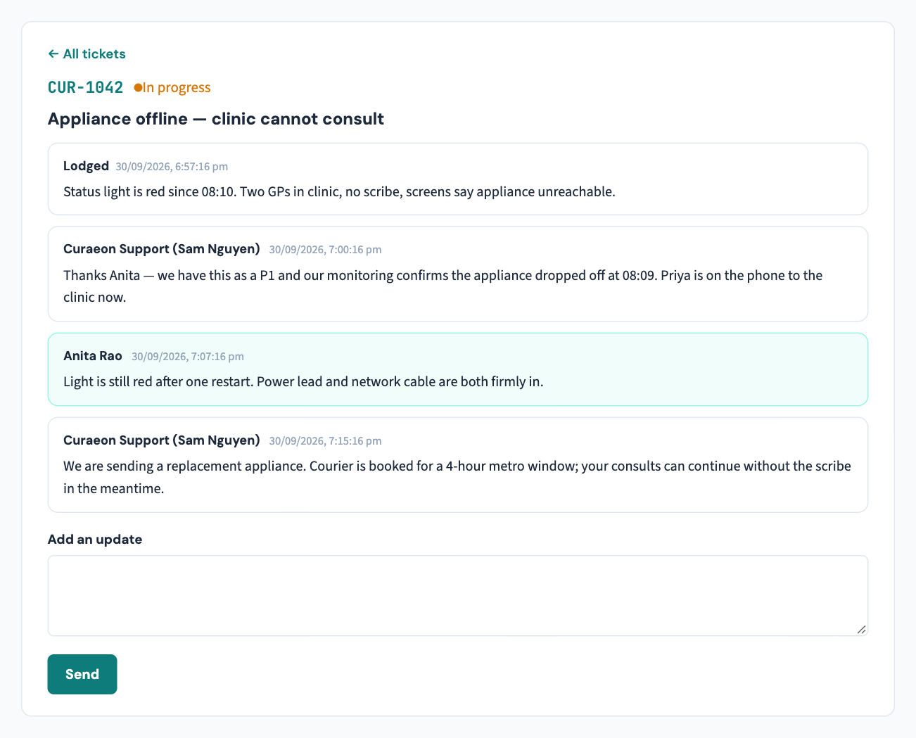Inside a ticket: what was lodged, every reply from our team, and a box to add your own update.