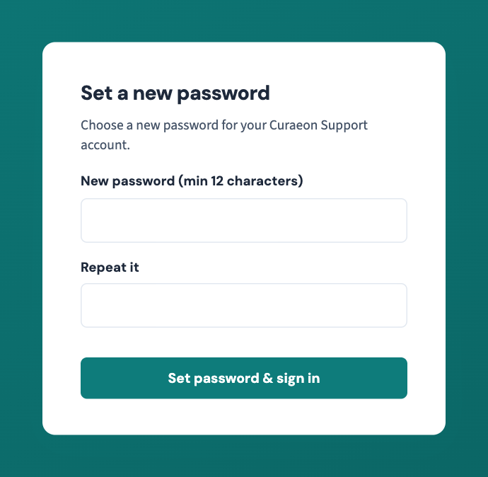 Then the new password, typed twice — dismiss any password your browser offers to generate unless you're happy to let it remember it for you.