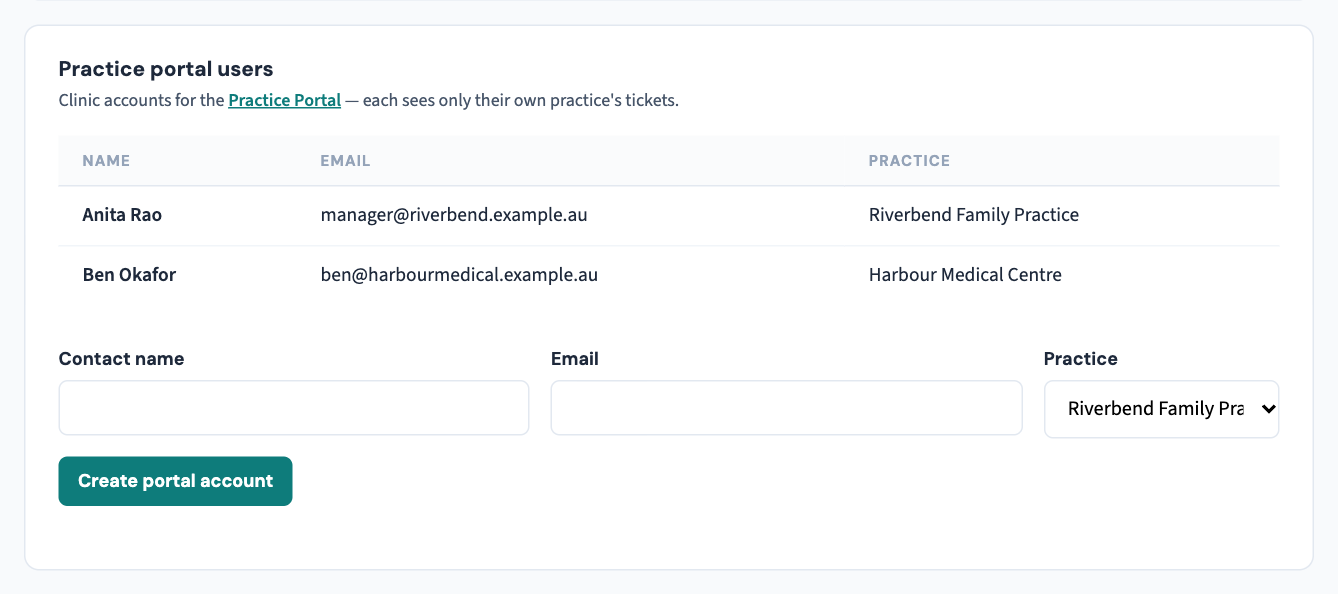 On our side: your practice's portal accounts, and the form that creates one — name, email, practice.
