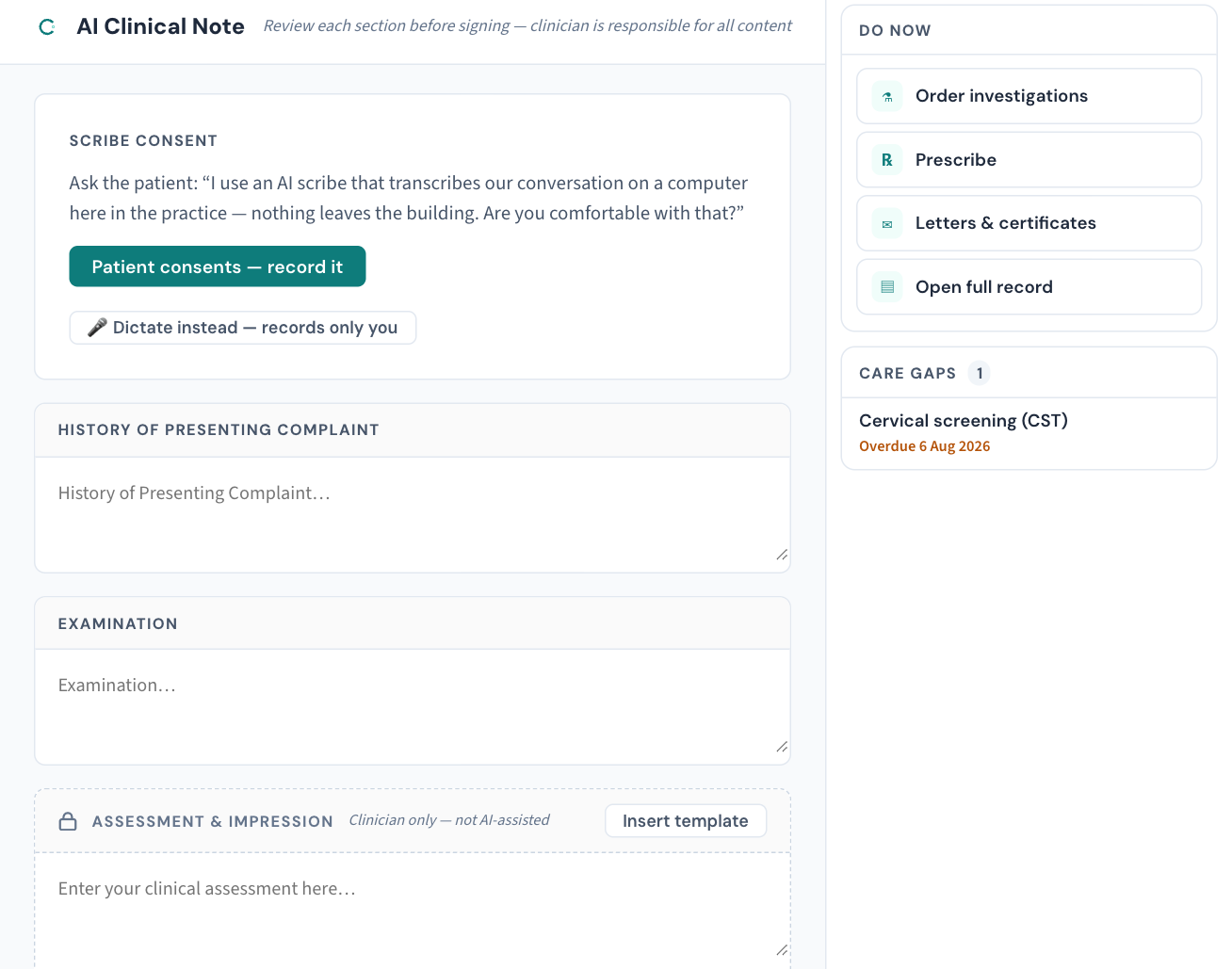 The AI Clinical Note pane in a consult: consent first, then the sections the scribe drafts — and Assessment, which it never touches.