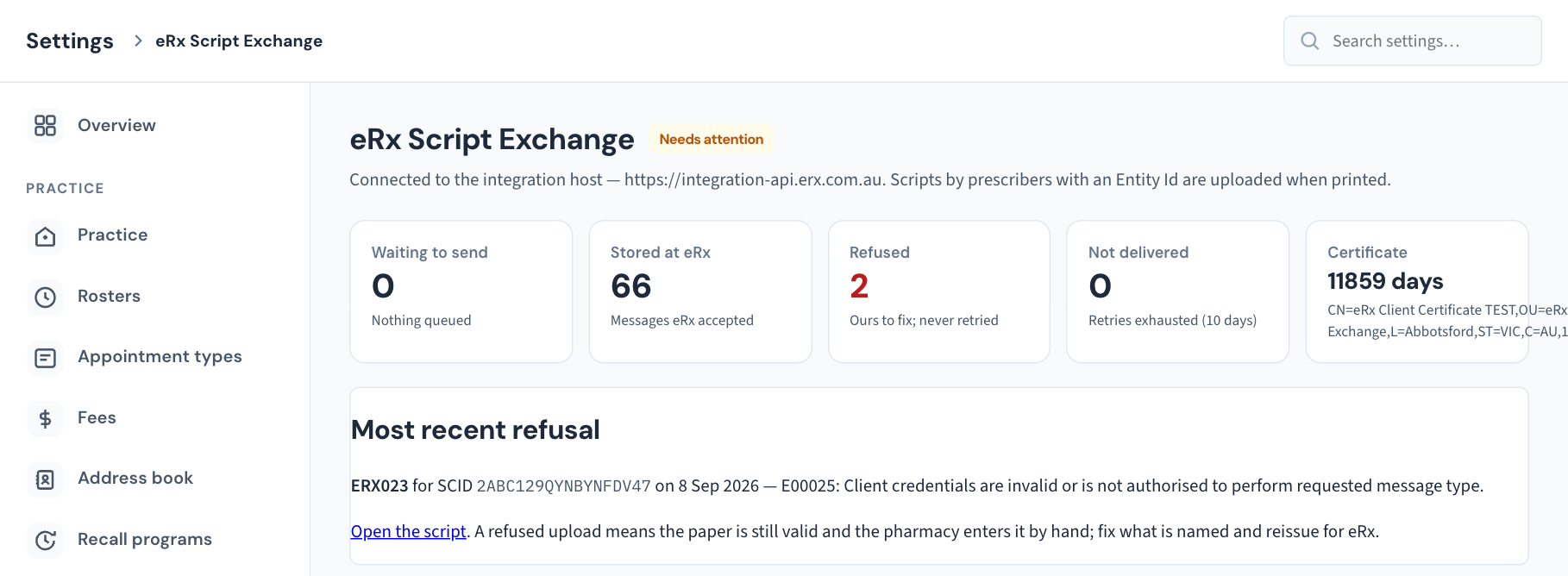 Settings → eRx Script Exchange: the outbox counters, the certificate's days left, and the most recent refusal with its error code.