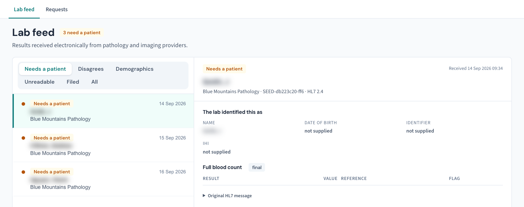 The Lab feed with the Needs a patient lane open: what the lab identified, side by side with the button that files it.