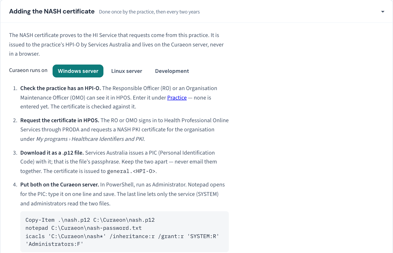 Settings → HI Service: the step-by-step for putting the renewed certificate on the server, with the commands for Windows and Linux servers.