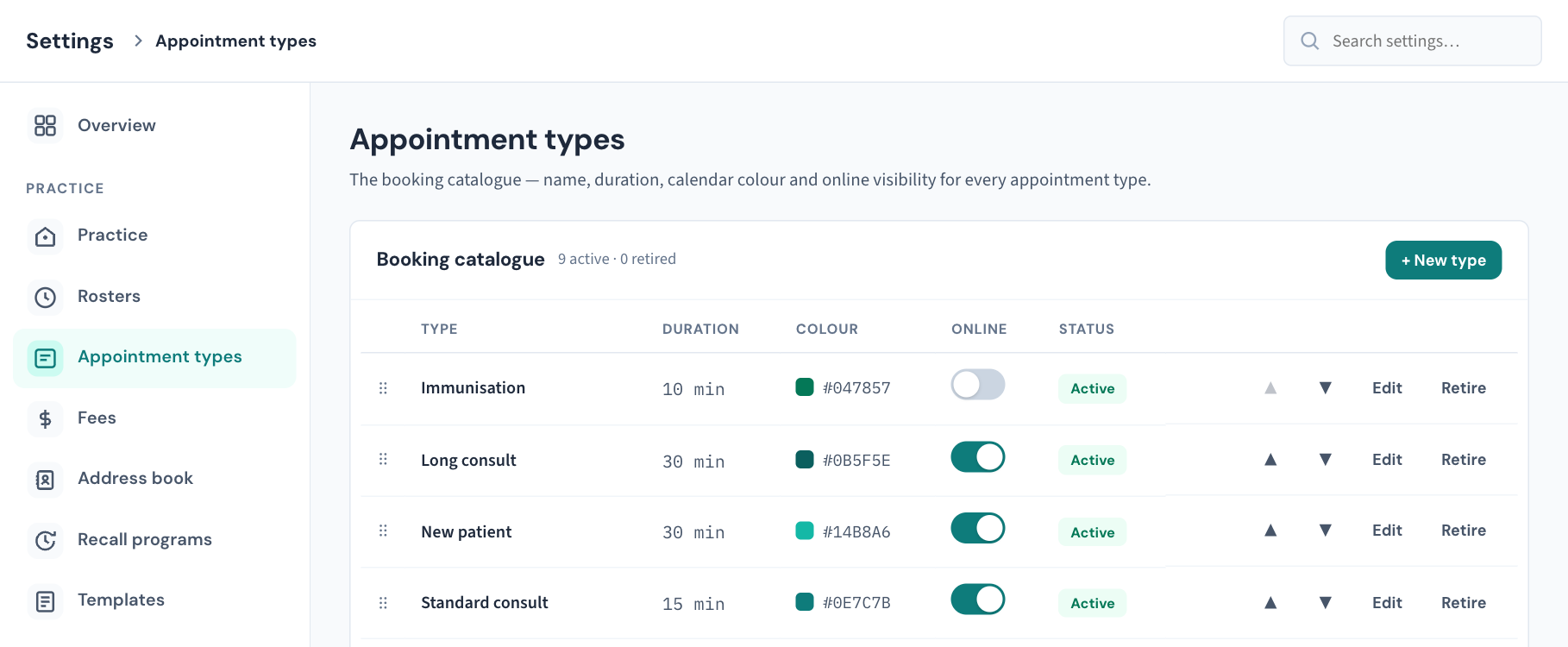 Settings → Appointment types: the Online switch decides what patients can book.