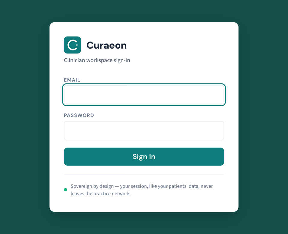 The Curaeon sign-in page on your practice server: email and password first, then the authenticator code.