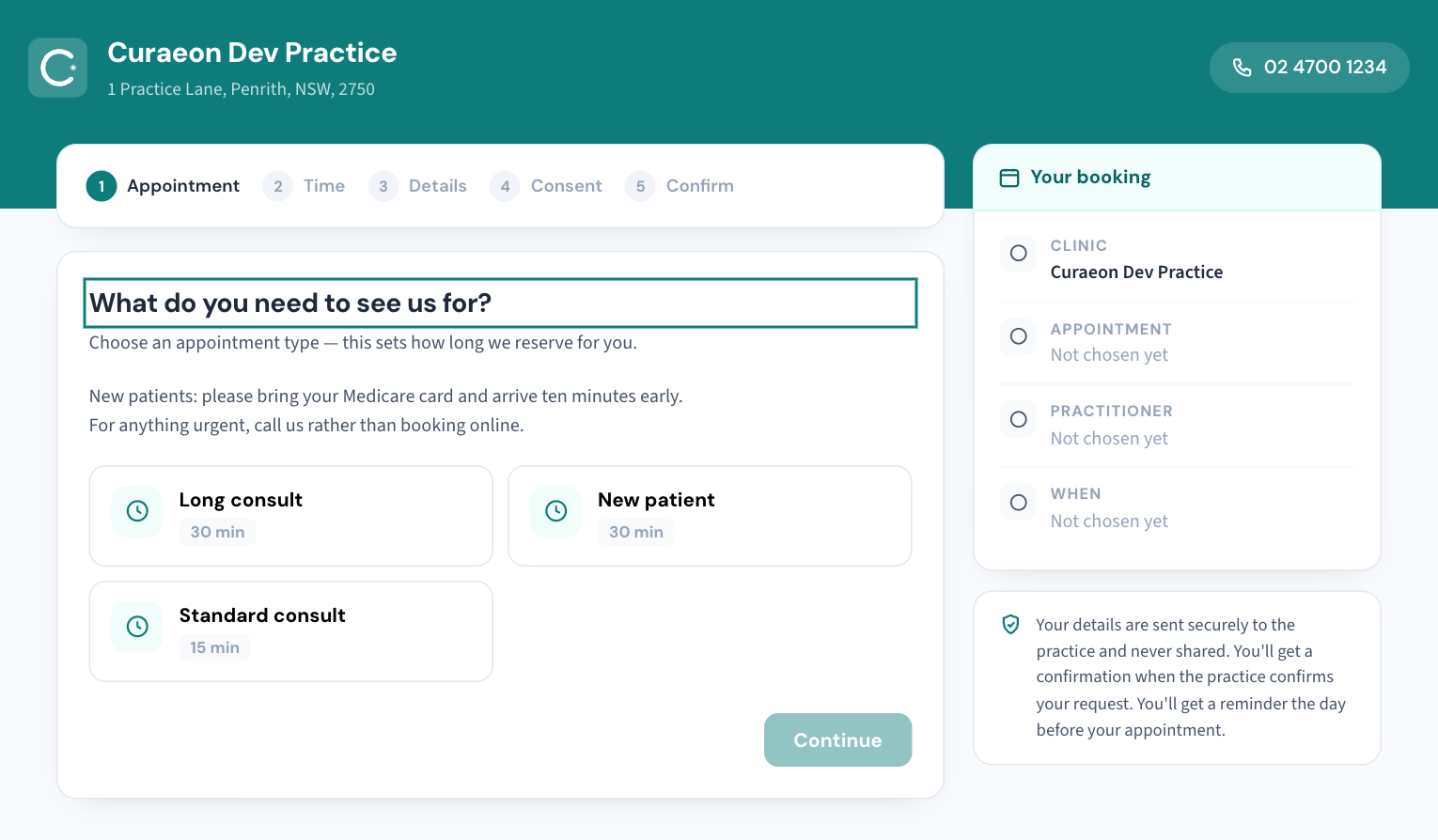 The online booking page with the practice's own note under the first question, and the panel on the right saying the patient will get a confirmation when the practice confirms the request and a reminder the day before the appointment.