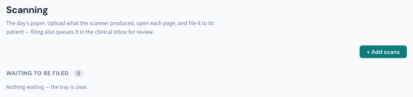 Utilities → Scanning: Add scans puts the day's paper in the tray, and Waiting to be filed counts what still needs a person to read it.