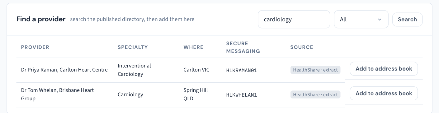 Find a provider results for "cardiology": every row carries a source badge — here HealthShare · extract — beside the specialty, location and secure-messaging address, and Add to address book.