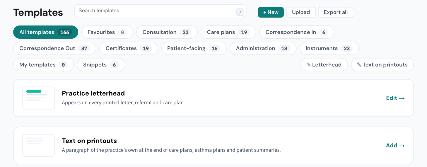 Settings → Templates: Upload and Export all sit beside + New at the top, and the Snippets filter is on the row of categories below.