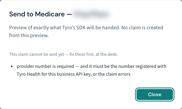 The Send to Medicare… preview names what blocks the claim — here a missing provider number — and says that no claim is created from the preview; the patient's name is blurred.