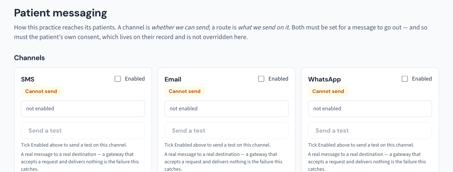 Settings → Patient messaging: each channel card says whether it can send and names what is missing — here all three read "Cannot send: not enabled".
