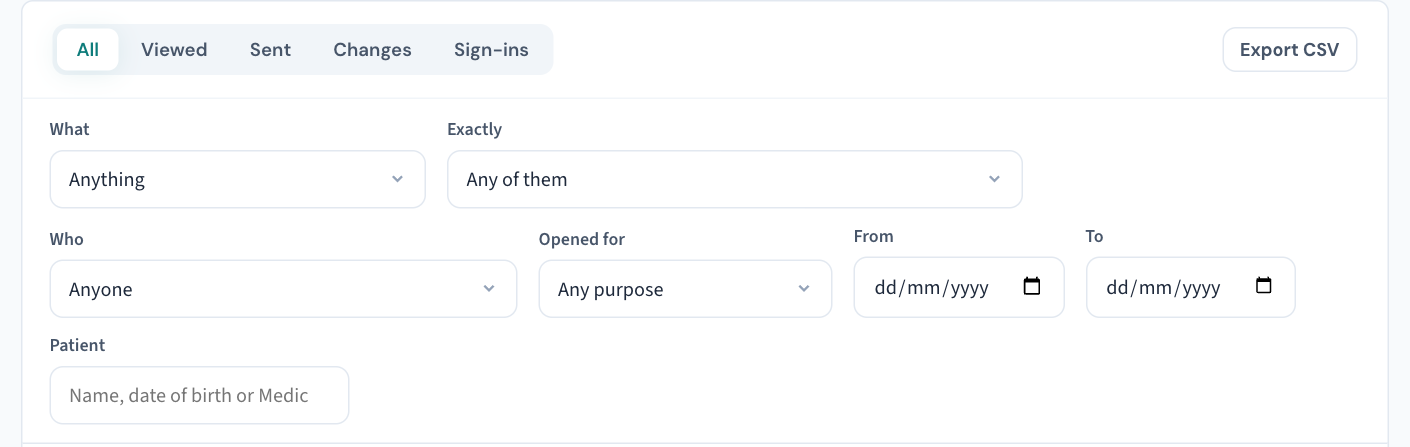 The Audit log filters: the Patient field searches by name, date of birth or Medicare number without opening the record, and Export CSV takes the matching rows out.