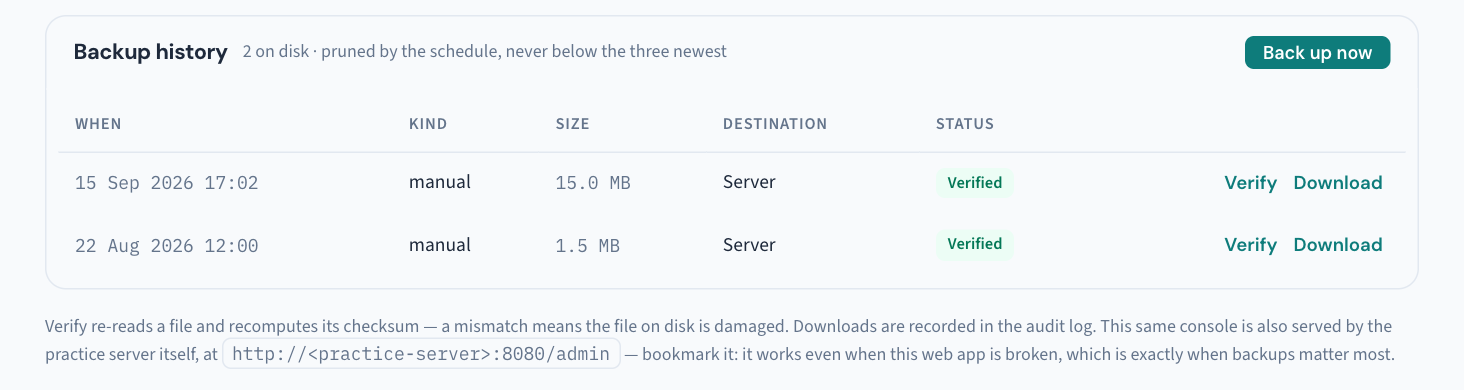 Utilities → Database backup: Back up now, and for each backup its verified status with Verify and Download; the note beneath gives the standalone console's address.