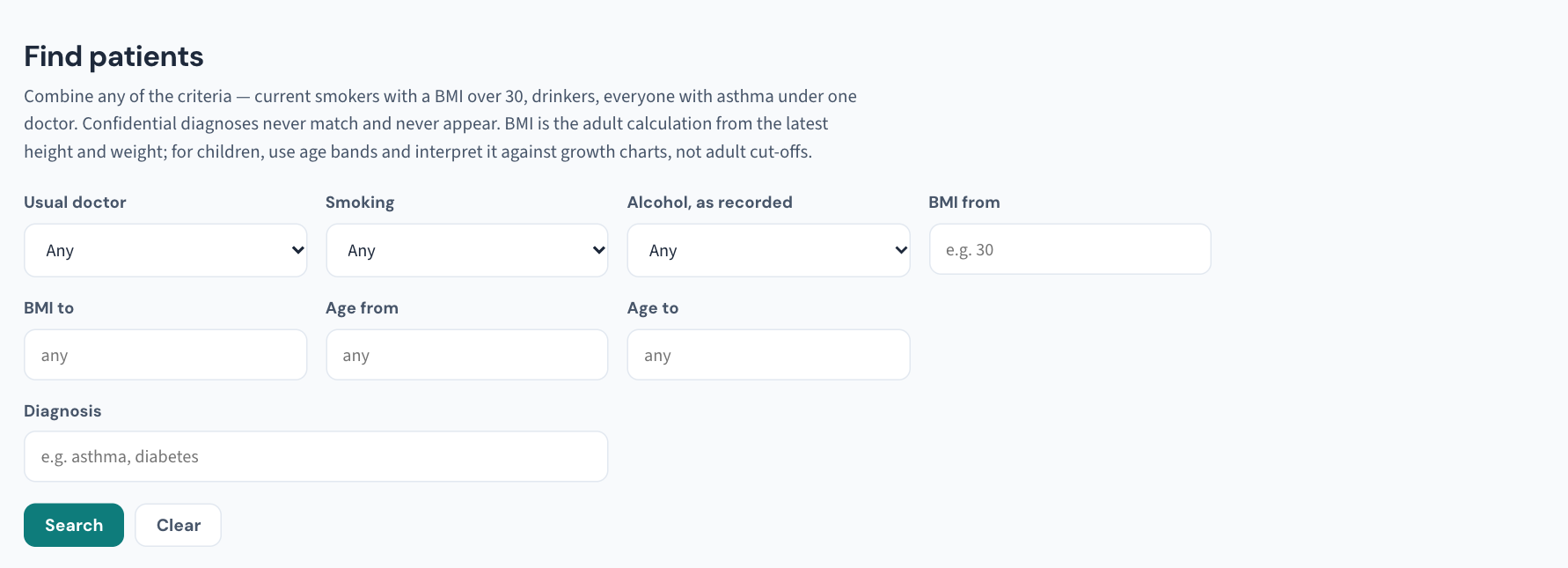 Reports → Find patients: the criteria combine — usual doctor, smoking, alcohol, BMI band, age band and diagnosis — and the note above them says confidential diagnoses never match.