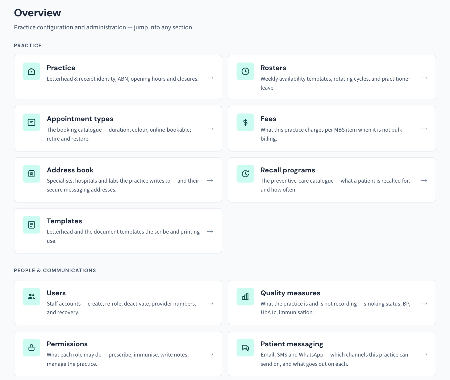 Settings → Overview lists every Settings section the tables below name; the operational console — backups, sessions, datasets — lives separately under Utilities.