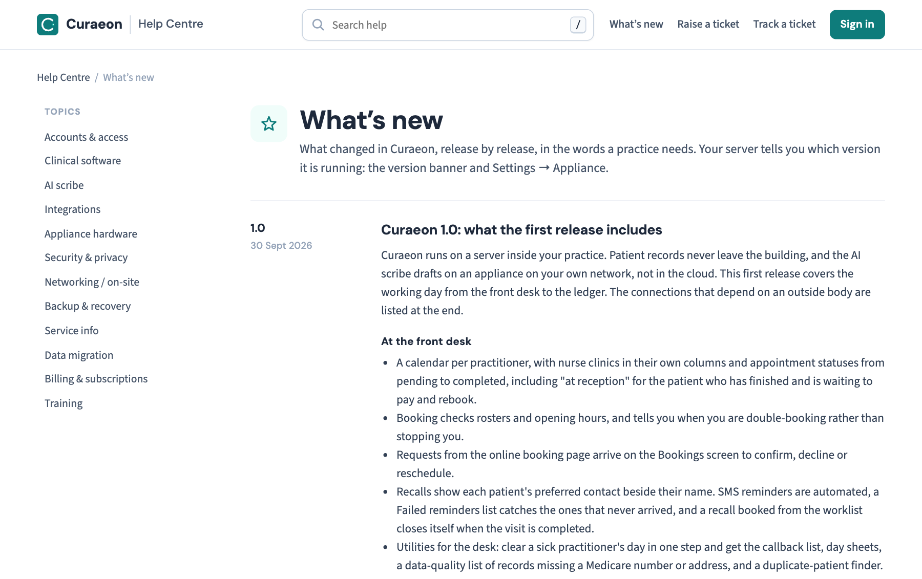 The What's new page in the Help Centre: each release has its version and date on the left and its notes on the right, newest first. These notes are the 1.0 entry.