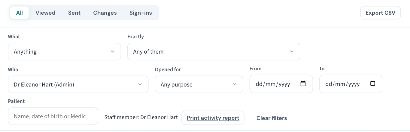 The Audit log narrowed to one staff member: Who is set to their name, the Patient search is beside it, and Print activity report is offered on the filter bar.