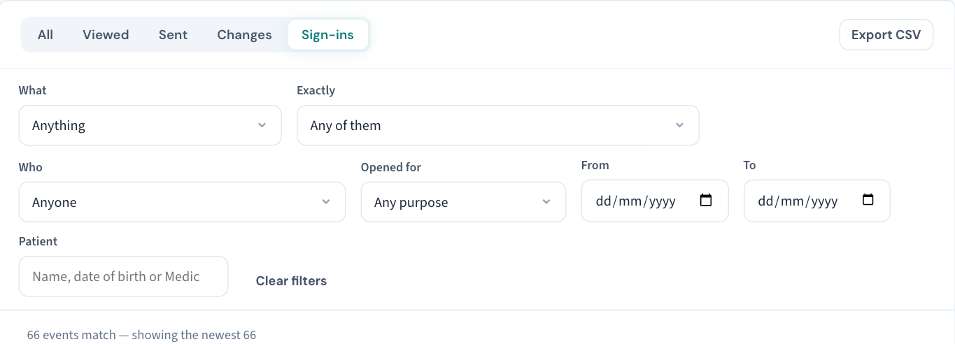 The Audit log on its Sign-ins tab, with the filter bar beneath: What, Exactly, Who, Opened for, From and To, Patient, and Export CSV on the right.