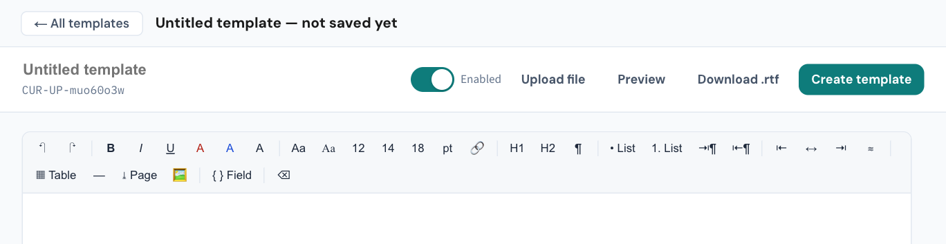 The editor toolbar: bold, italic and underline; the two flag colours; the two typefaces and the 12, 14 and 18 point sizes; links; headings; bullet and numbered lists; indent and alignment; table, rule and page break; and { } Field. In a letter the same bar also carries Insert from the record and Snippet….