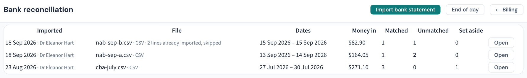 The bank-reconciliation import history: each file with who imported it and when, the dates it covered, the money in, and how many lines were matched, unmatched or set aside — one file noting the two lines already held by an earlier import.