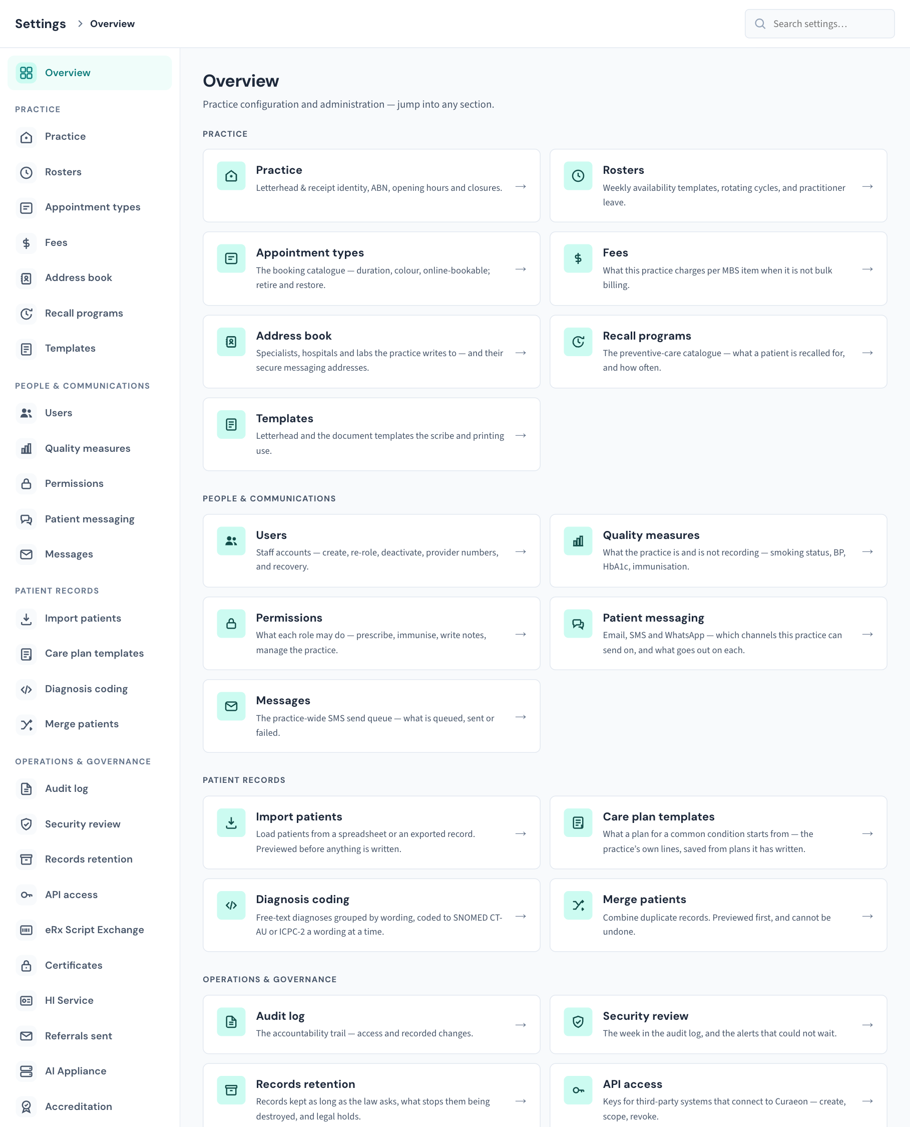 Settings opens on Overview: the section rail on the left, grouped under four headings, and the same sections as cards on the right. The search box is at the top.