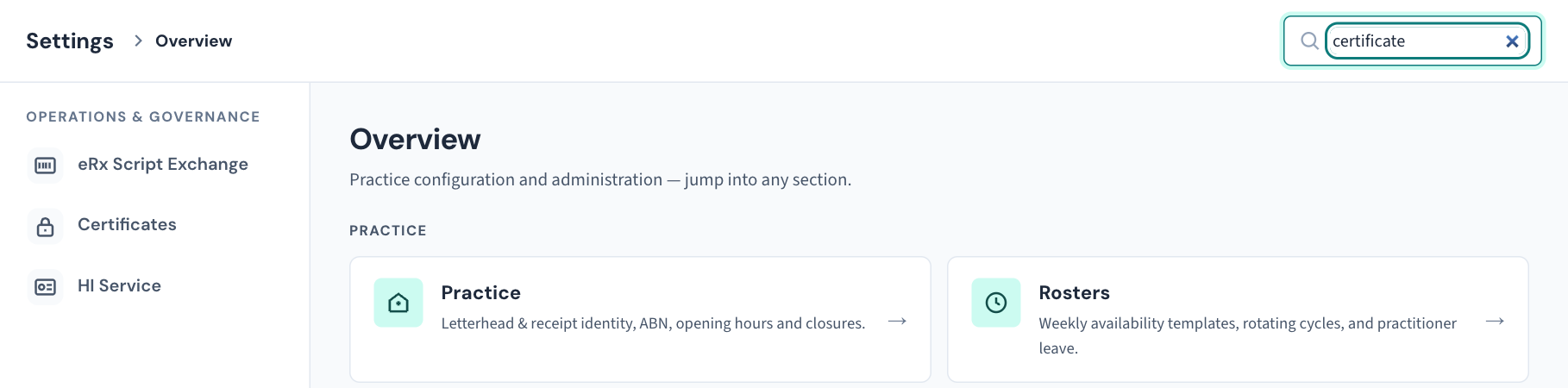 Typing in Search settings… narrows the rail to the sections whose name or description matches, here the ones about certificates.