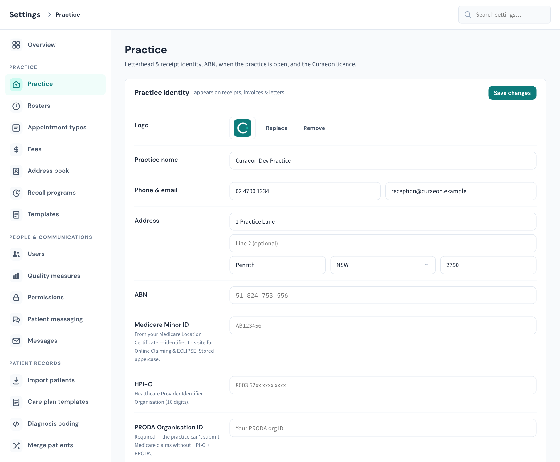 Settings → Practice as an administrator sees it: the Practice identity card with its Save changes button at the top. Business hours, Holidays & one-off closures and the Curaeon licence follow further down the page.
