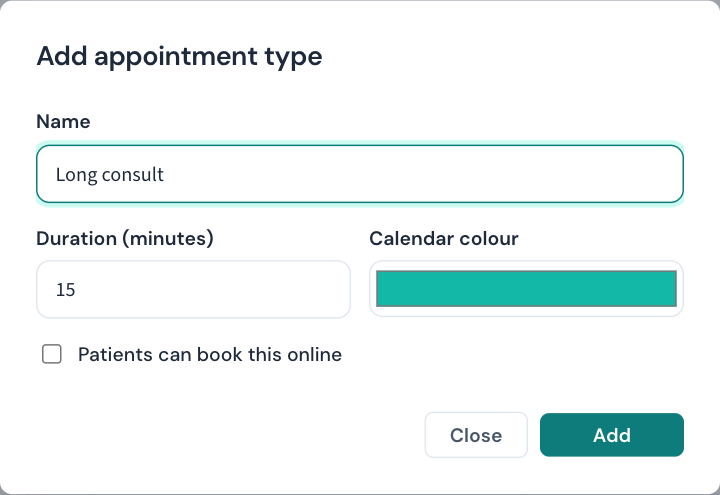 The Add appointment type window: Name, Duration (minutes), Calendar colour, and the Patients can book this online tick box.