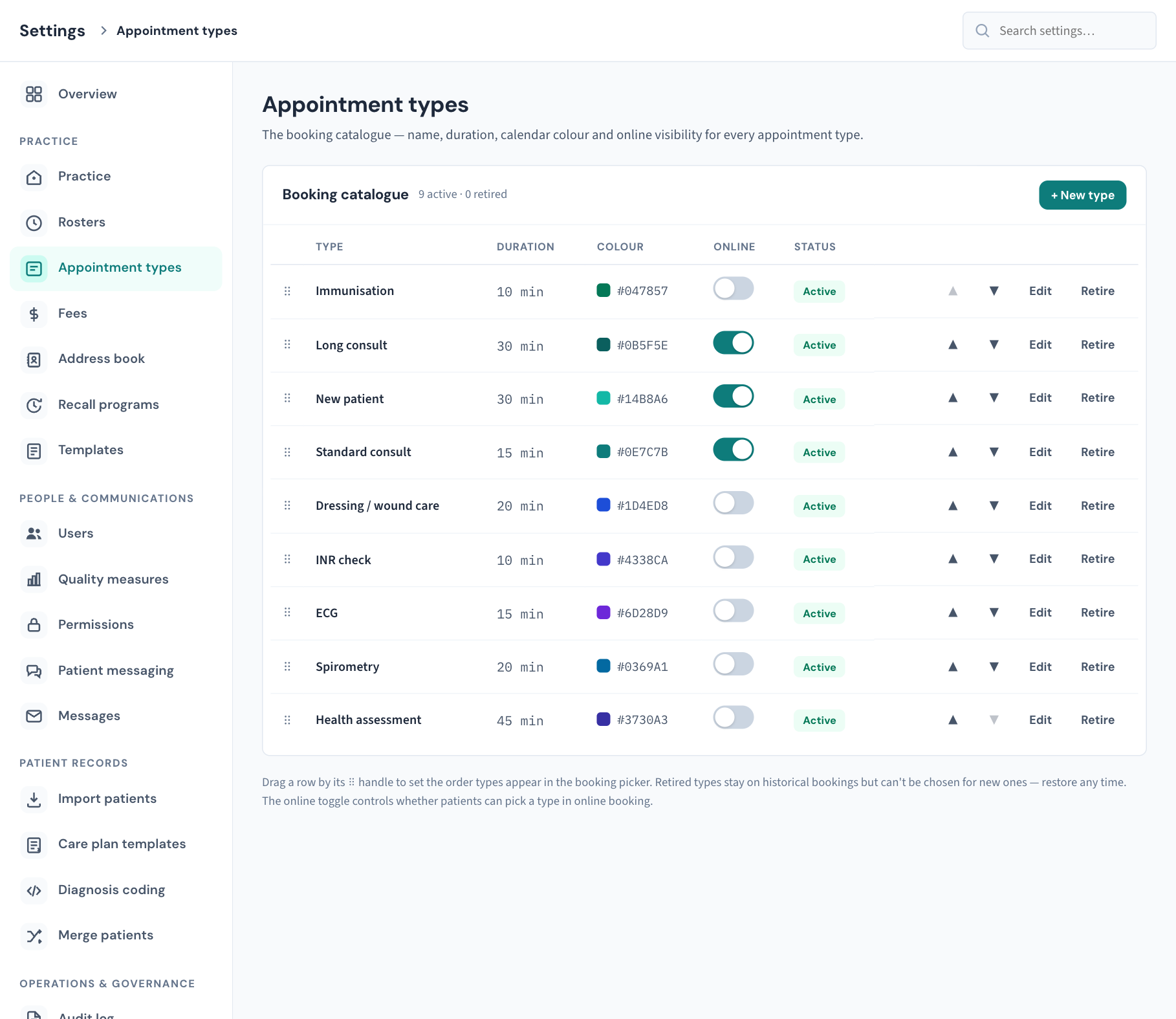 Settings → Appointment types: the Booking catalogue, one row per type with its duration, colour, Online switch and status, and the buttons to move, edit and retire it. + New type is at the top right.