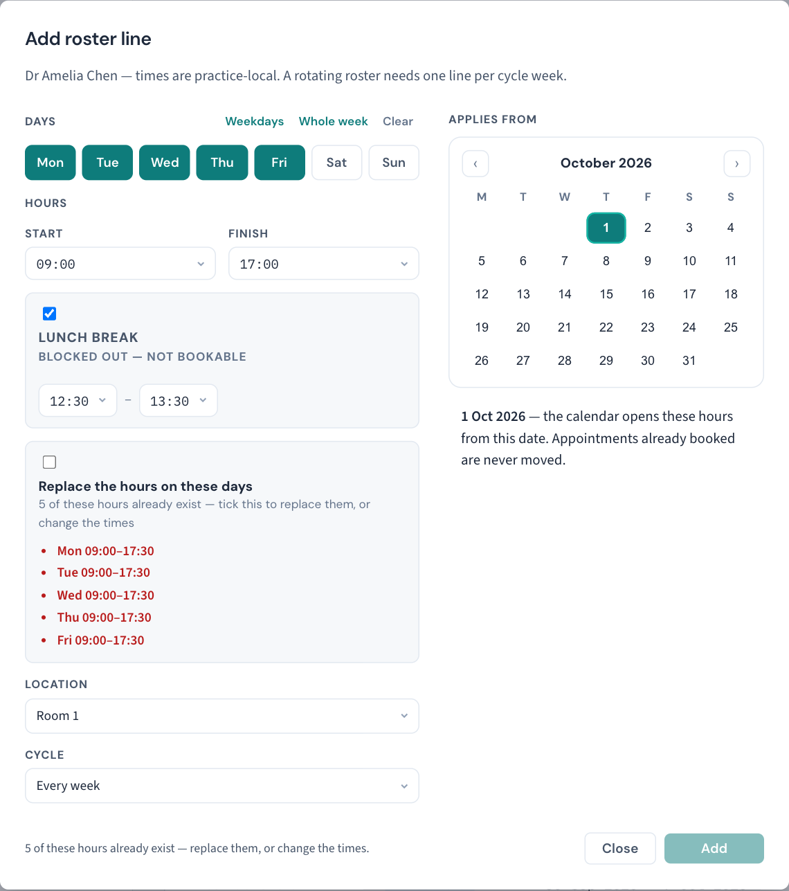 The Add roster line window: day chips, start and finish, the lunch break, location and cycle on the left, and the Applies from calendar on the right. The line at the bottom adds up the hours.