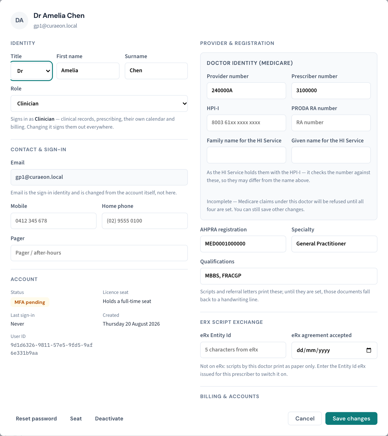 An existing clinician's account window: the Account facts (status, licence seat, last sign-in, created, User ID) on the left, the registration details on the right, and the account actions beside Save changes.