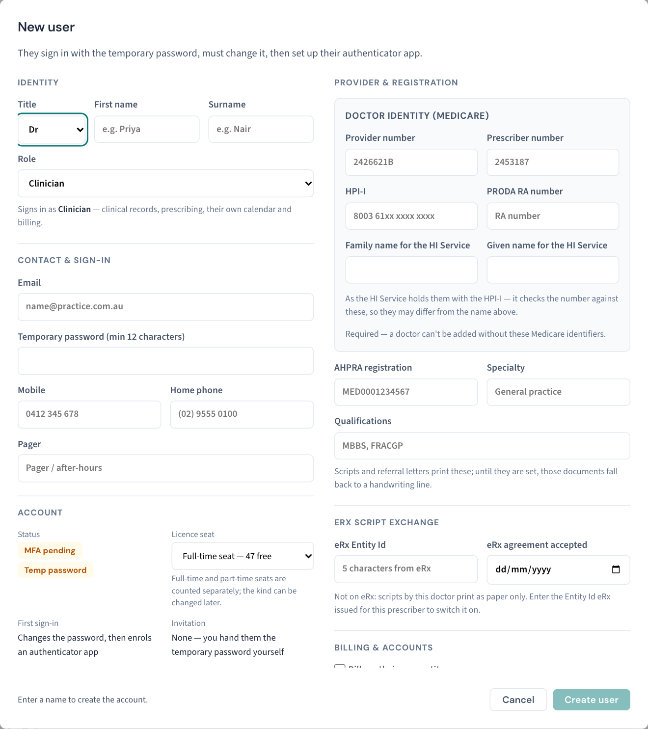 The New user window for a clinician: Identity and Contact & sign-in on the left with the Account facts beneath, and Provider & registration on the right with the four Medicare identifiers a doctor cannot be added without.