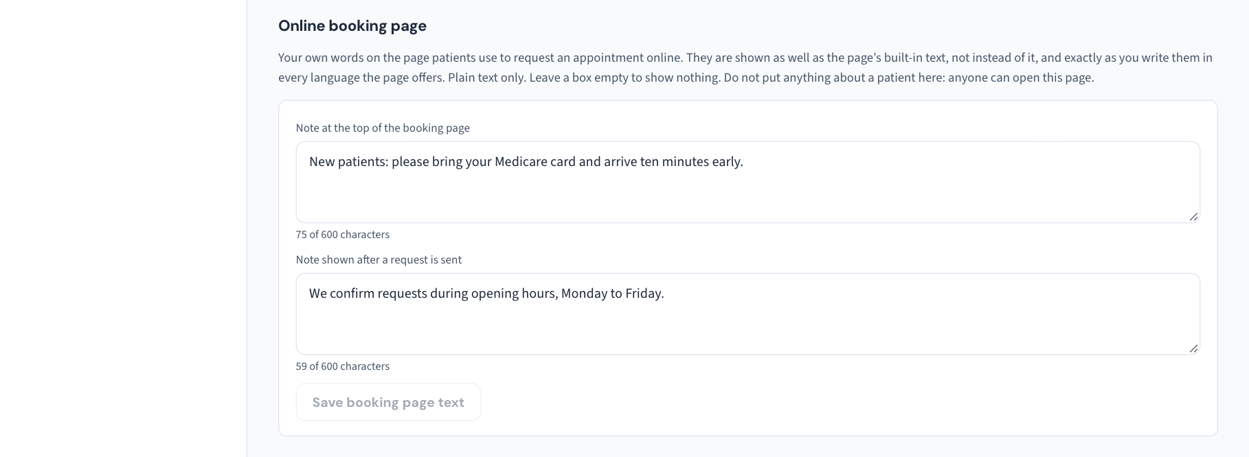 The Online booking page section: a box for the note at the top of the booking page and a box for the note shown after a request is sent, each with a character count, and the Save booking page text button.