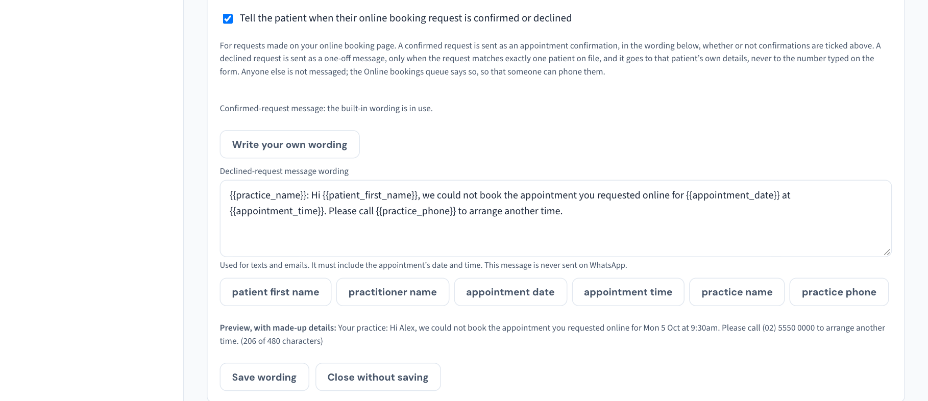 The Tell the patient when their online booking request is confirmed or declined tick, with the confirmed-request message using the built-in wording and the declined-request wording editor open.
