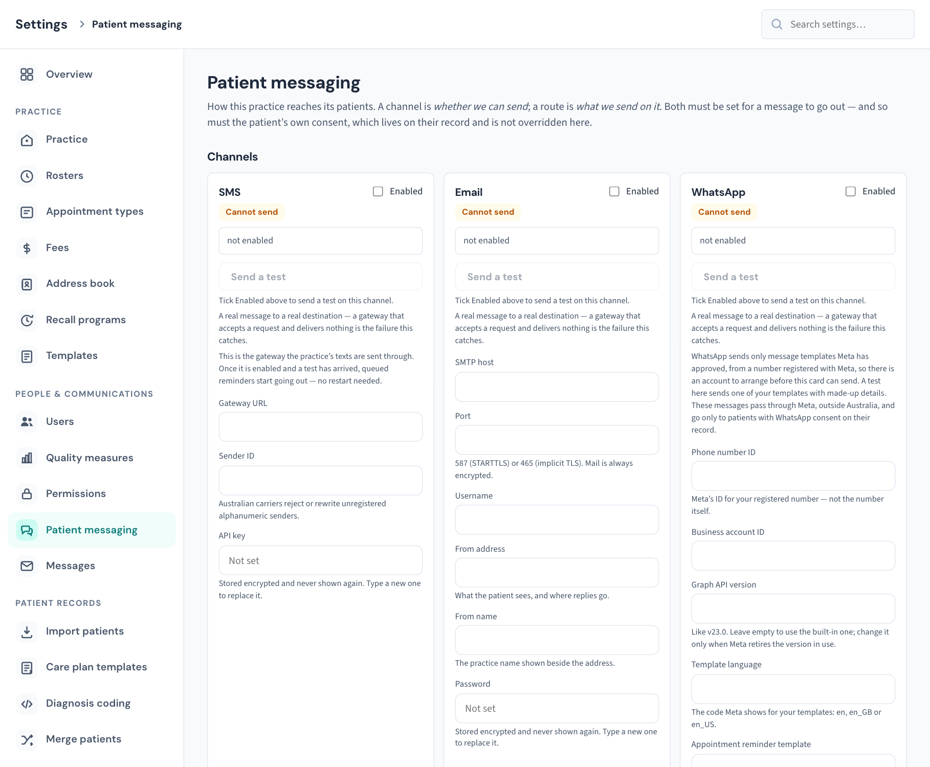 Settings → Patient messaging as it opens: three channel cards, each with a Can send or Cannot send badge, the reason in a sentence, an Enabled tick box and a Send a test button.