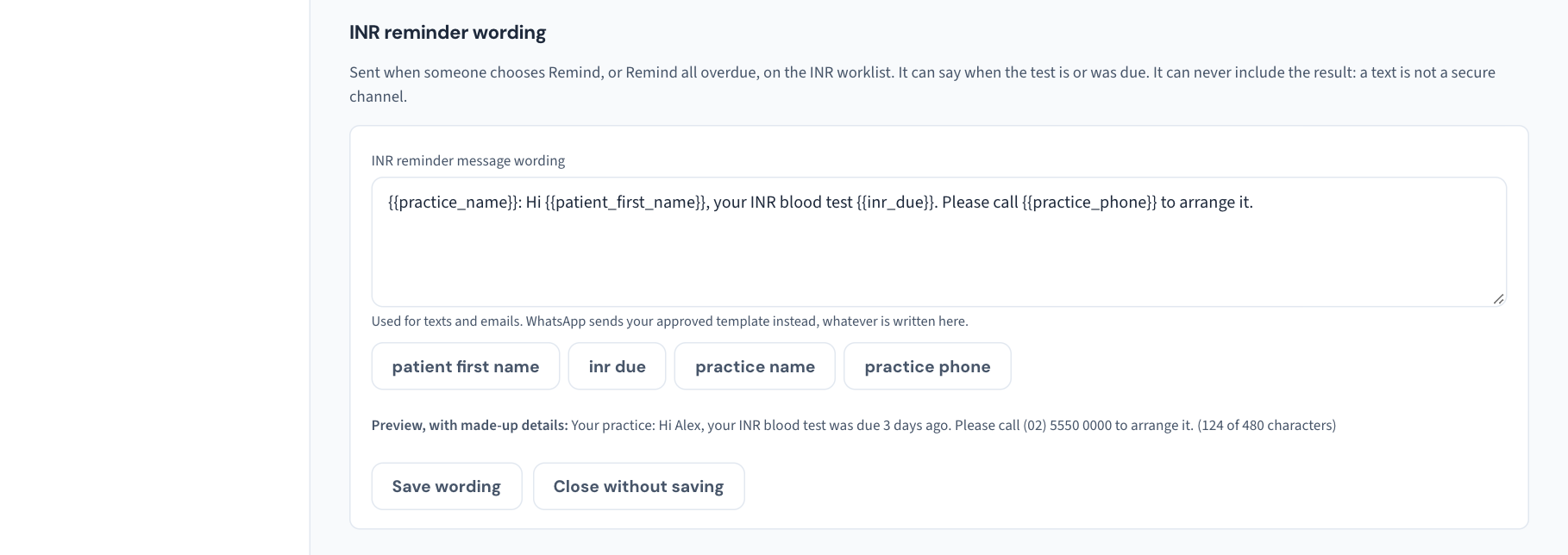 The INR reminder wording editor: the wording box, buttons for the four details it may include, and a preview with made-up details.