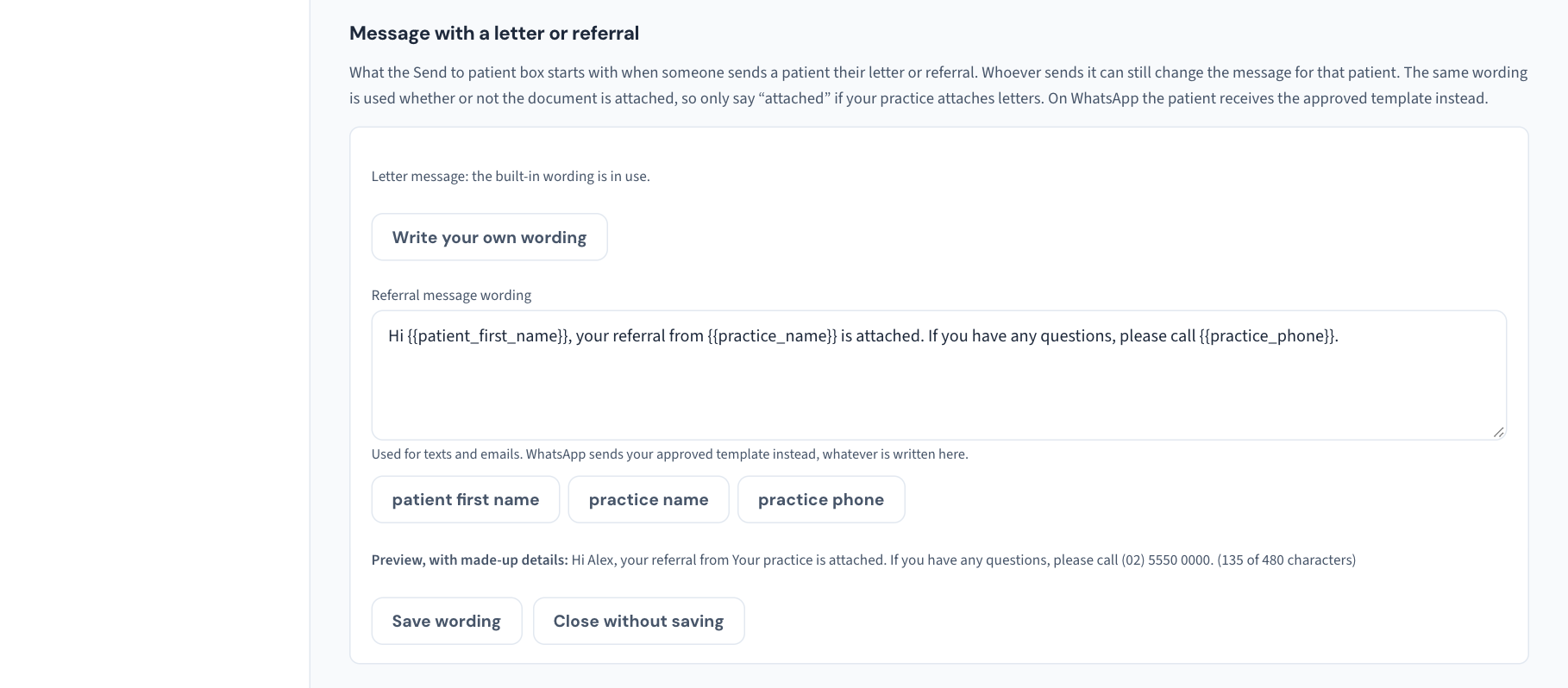 The Message with a letter or referral section: the letter message using the built-in wording, and the referral message editor open with its wording box, three detail buttons and a preview with made-up details.