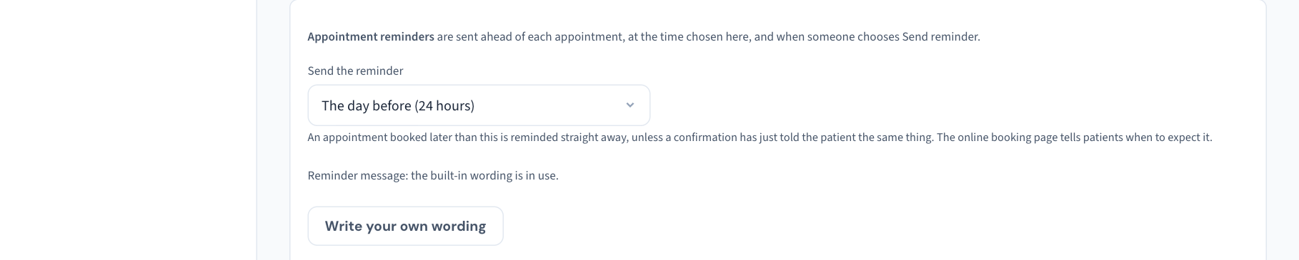 The Appointment reminders row: the Send the reminder list set to The day before (24 hours), a line explaining what happens to appointments booked later than that, and the reminder wording underneath.