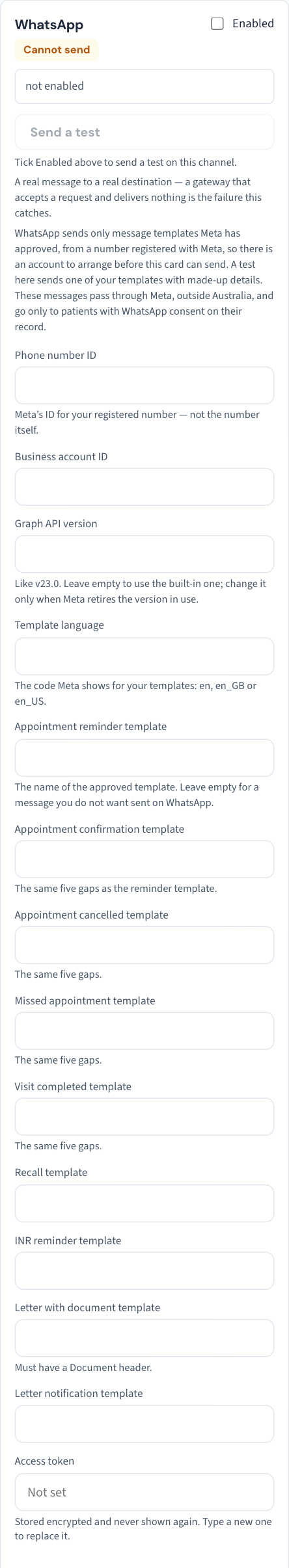 The WhatsApp card: the Phone number ID and Business account ID from Meta, the Graph API version, the template language, a template name for each kind of message, and the access token.