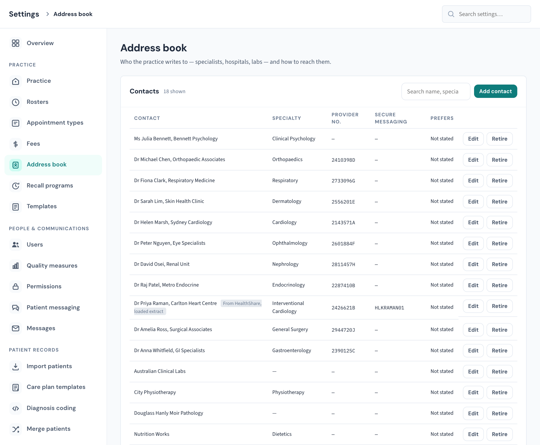 Settings → Address book: the Contacts card with its search box and Add contact button, the list with each contact's specialty, provider number, secure messaging address and preferred channel. The Find a provider card is beneath it, further down the page.