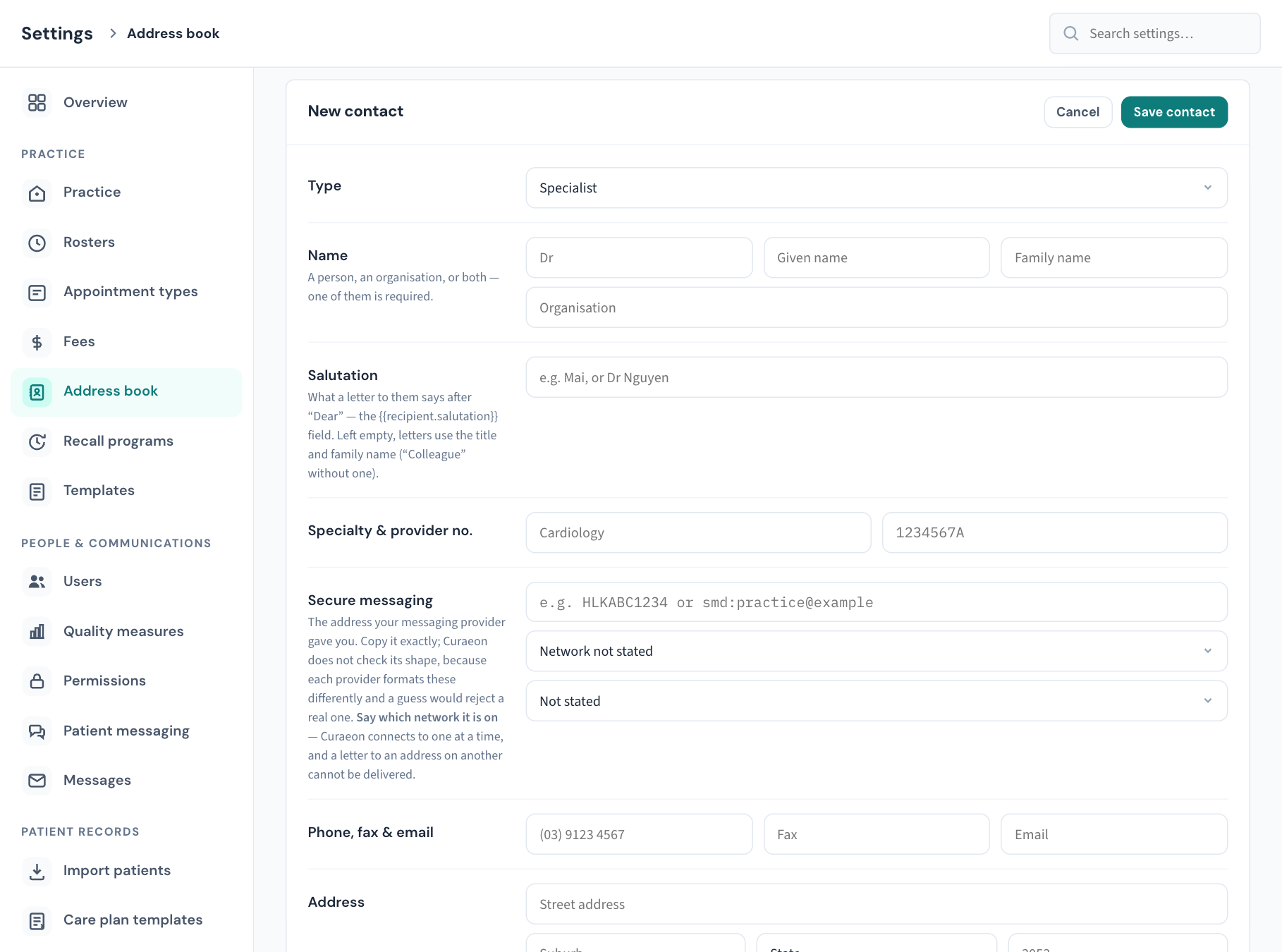The New contact card: type, name and organisation, salutation, specialty and provider number, the secure messaging address with its network and preferred channel lists, then phone, fax, email, address and notes.
