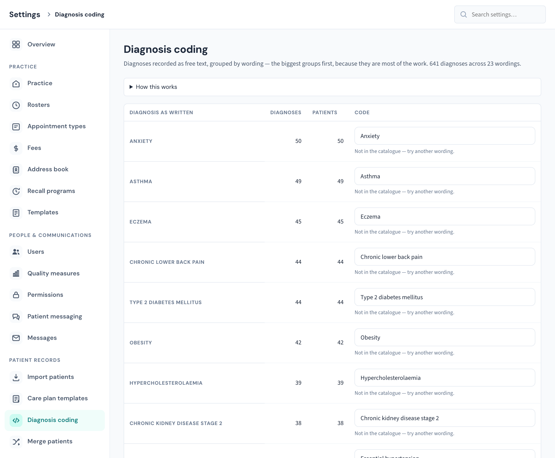Settings → Diagnosis coding: each row is one wording as it was typed, with how many diagnoses and patients carry it, and a search box for the matching term.