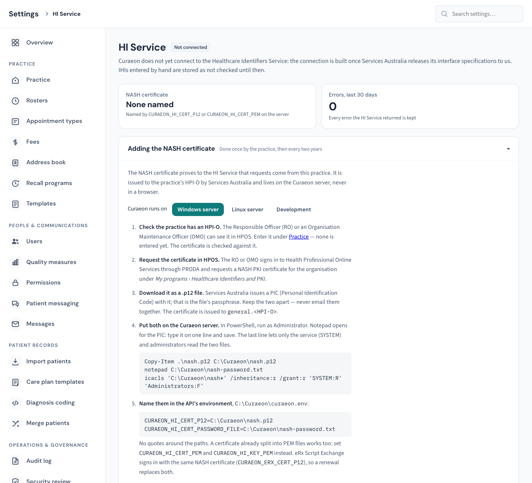 Settings → HI Service as it opens today: the Not connected badge, the NASH certificate tile, and the steps for putting the certificate on the server.