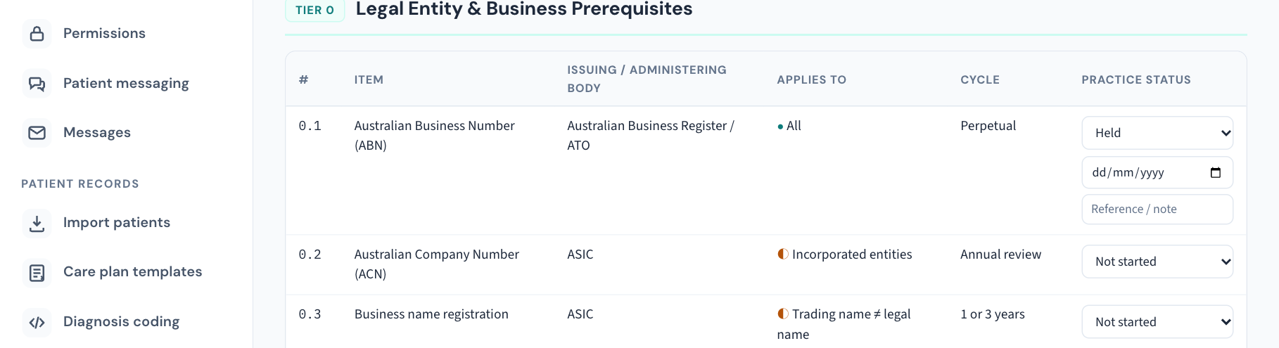 One row's Practice status set to Held, showing the expiry date and the Reference / note field that appear beneath it.