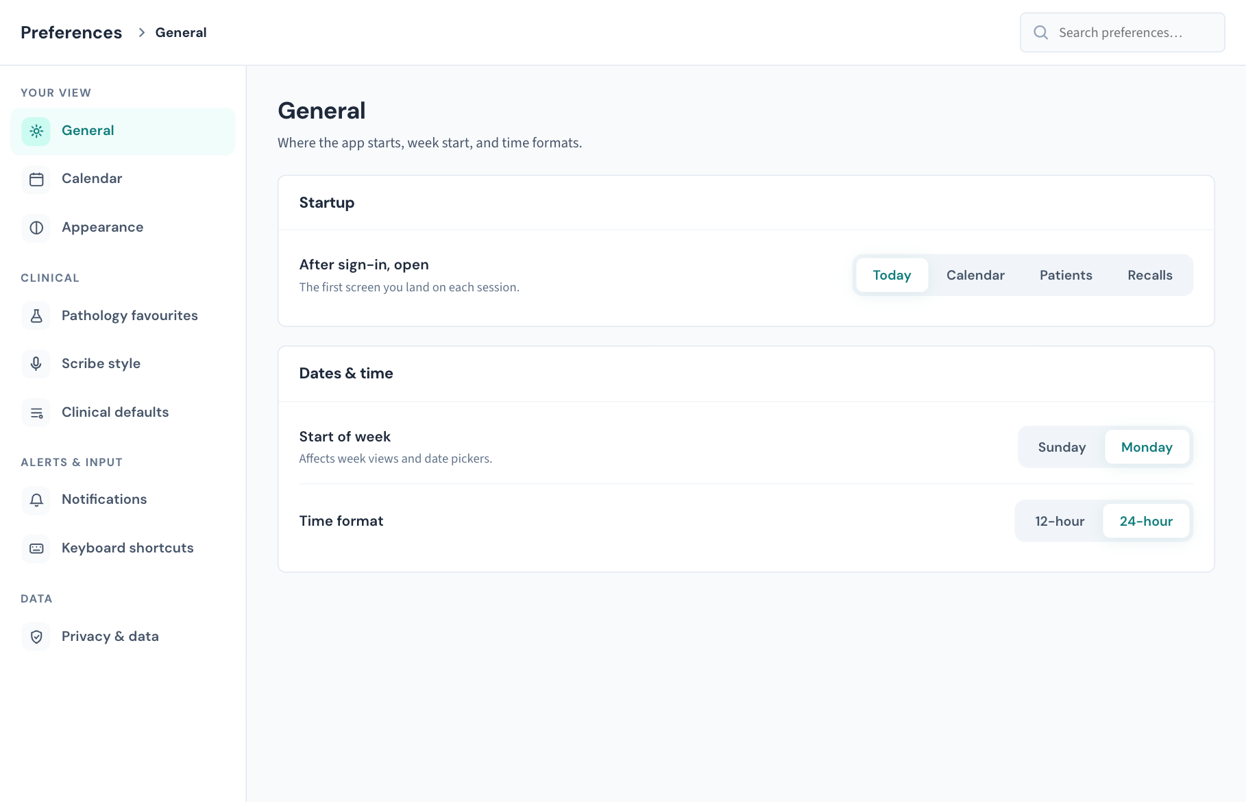 Preferences as it opens: the section list on the left in four groups, with General selected.