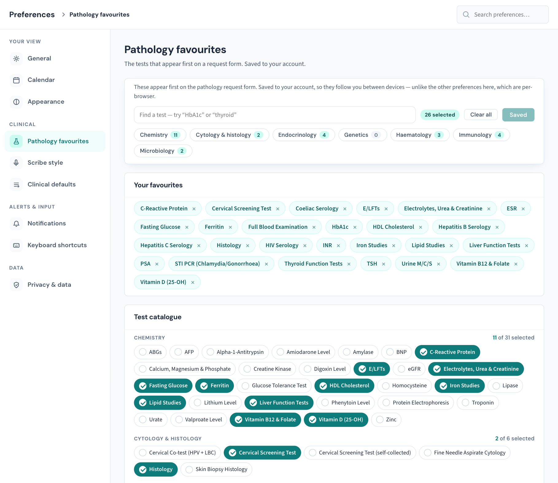 Pathology favourites: the search box and Save favourites button at the top, your chosen tests as chips, and the catalogue grouped by discipline below.