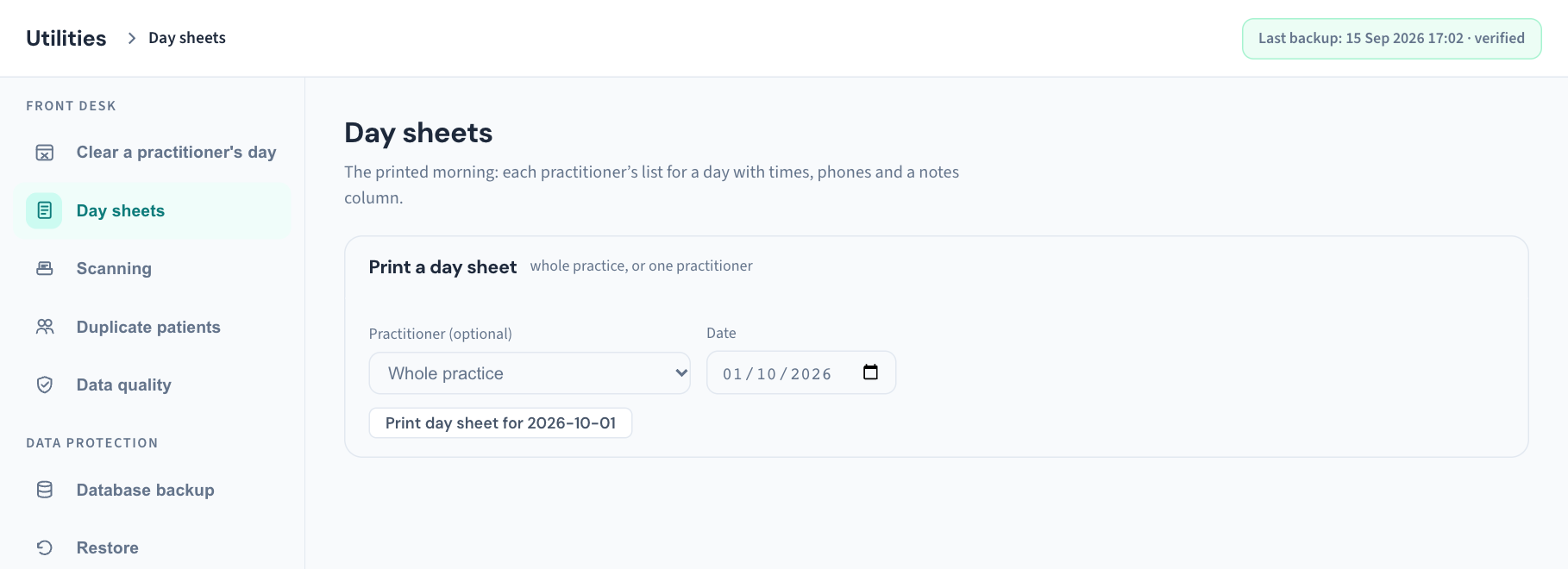 The Day sheets section: the Practitioner (optional) list set to Whole practice, the Date field, and the Print day sheet button underneath.