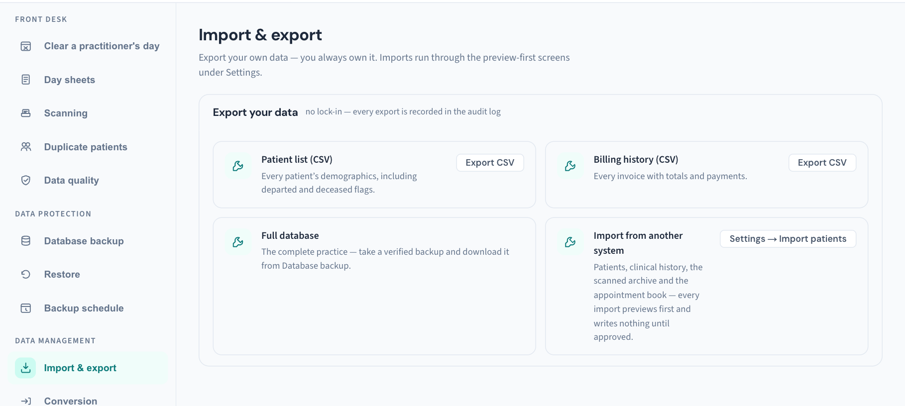 Utilities → Import & export: one card with two Export CSV buttons, the Full database pointer and the button to Settings → Import patients.