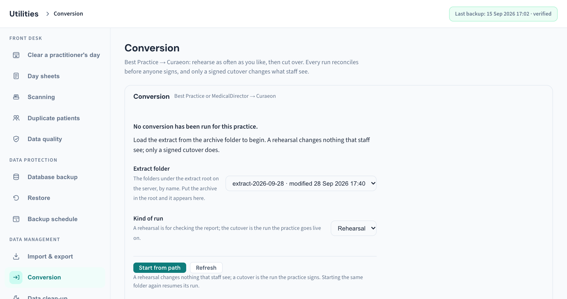 Utilities → Conversion before any run: the Extract folder and Kind of run lists, Start from path and Refresh, with the sentence beneath saying a rehearsal changes nothing staff see.